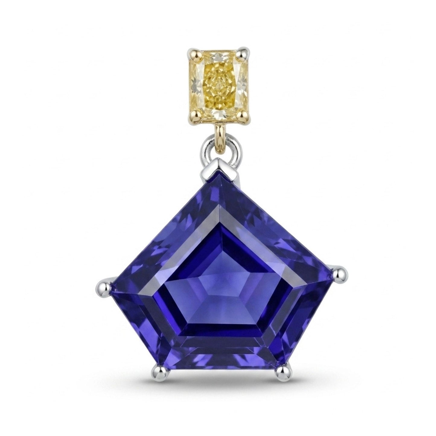 14K 8.42ct Fancy Cut Blue Wing Tanzanite 0.45cttw Cushion VS Yellow Diamond Pendant