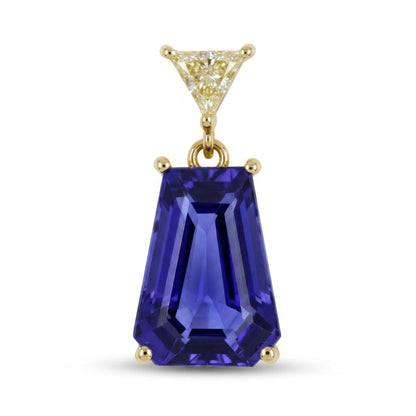 14K 4.90ct Fancy Cut Blue Wing Tanzanite 0.18ct Trilliant VS Yellow Diamond Pendant