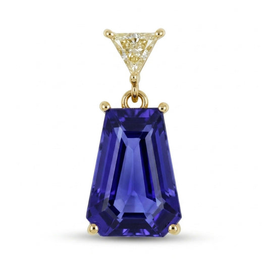 14K 4.90ct Fancy Cut Blue Wing Tanzanite 0.18ct Trilliant VS Yellow Diamond Pendant