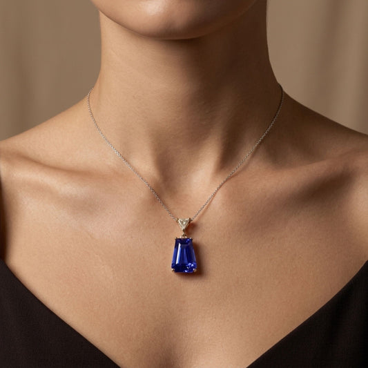 14K 4.90ct Fancy Cut Blue Wing Tanzanite 0.18ct Trilliant VS Yellow Diamond Pendant