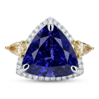 14K 8.60ct Trilliant Blue Wing Tanzanite 0.66cttw Yellow & White Diamonds Ring