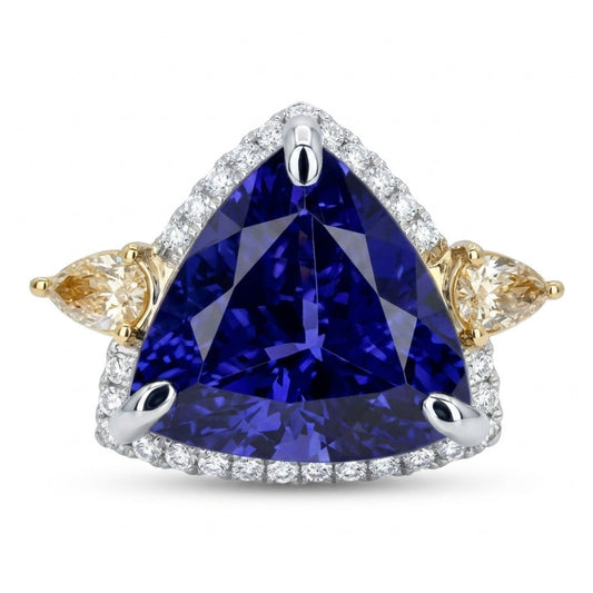 14K 9.16ct Trilliant Blue Wing Tanzanite 0.66cttw Yellow & White Diamonds Ring