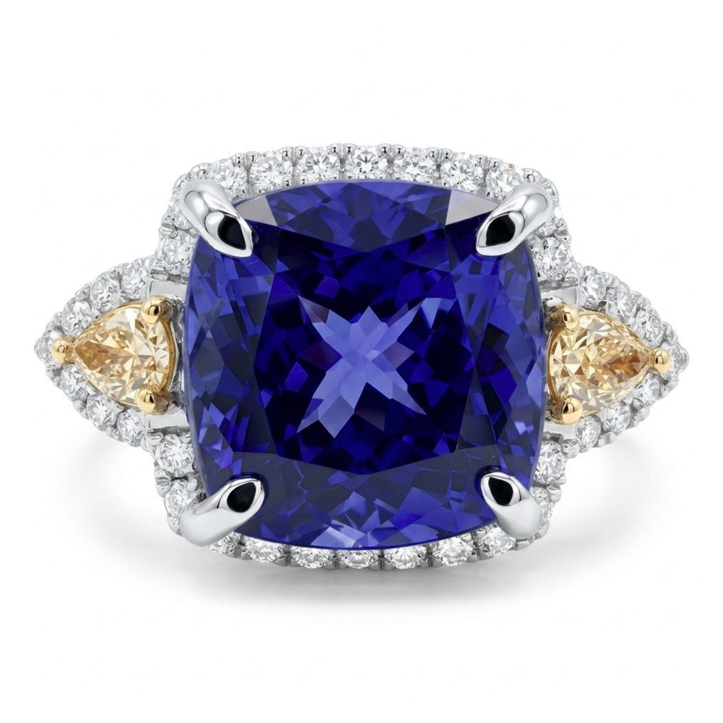 14K 10.90ct Cushion Blue Wing Tanzanite 1.16cttw Yellow & White Diamonds Ring