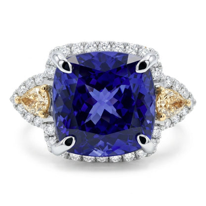14K 10.90ct Cushion Blue Wing Tanzanite 1.16cttw Yellow & White Diamonds Ring