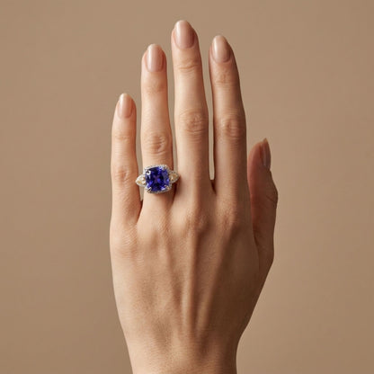 14K 10.90ct Cushion Blue Wing Tanzanite 1.16cttw Yellow & White Diamonds Ring