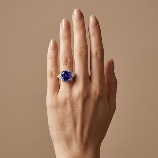 14K 10.90ct Cushion Blue Wing Tanzanite 1.16cttw Yellow & White Diamonds Ring