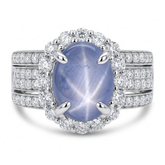 14K 2.79ct Oval Star Sapphire 1.22cttw White Diamonds Ring