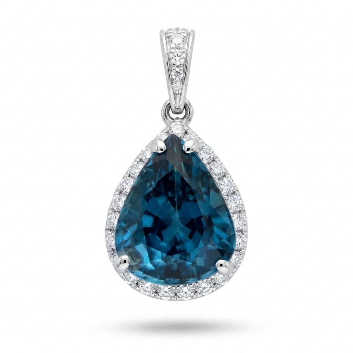 14K 11.43ct Pear Shape Blue Zircon 0.59cttw VS White Diamonds Pendant