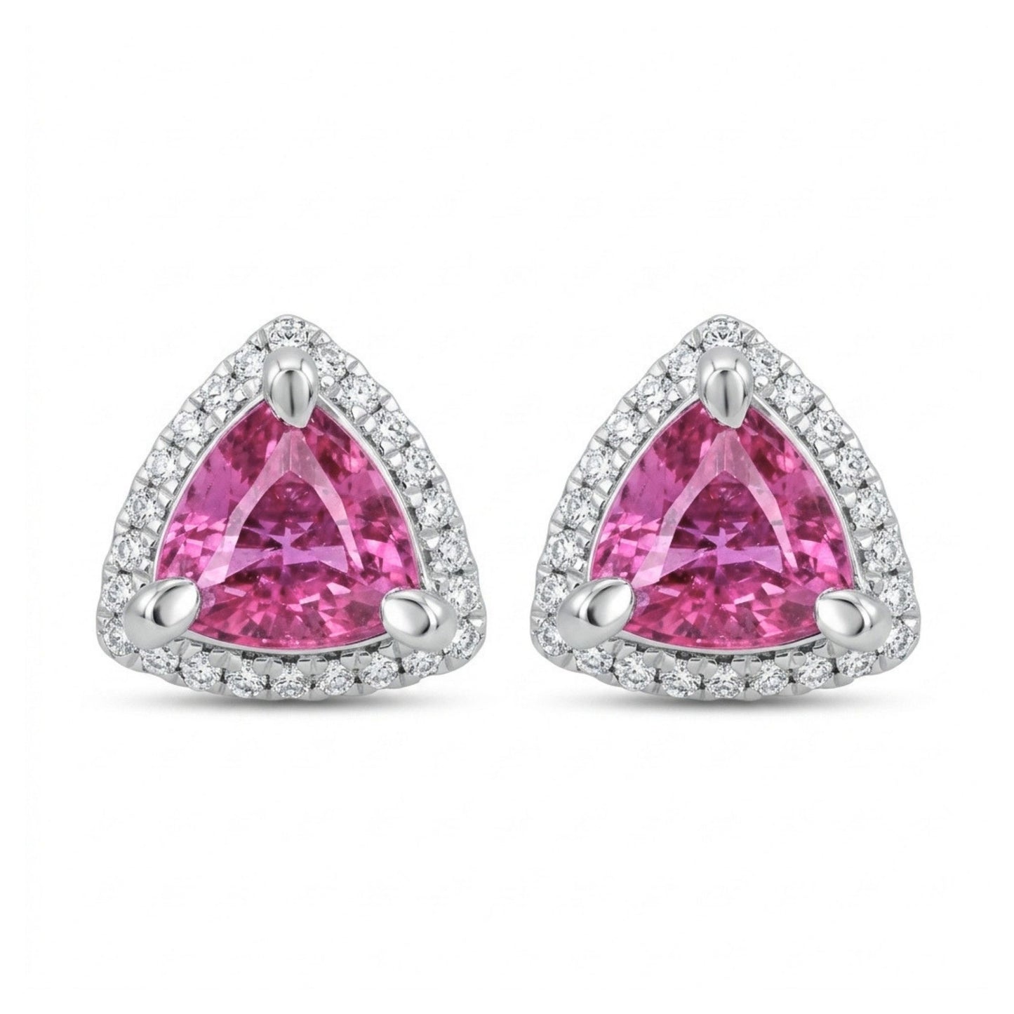 14K 1.66cttw Trilliant Pink Sapphire 0.19cttw VS White Diamonds Stud Earrings