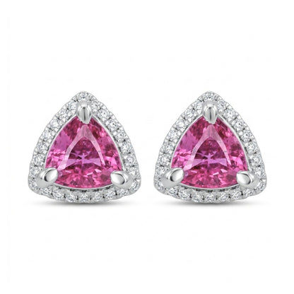 14K 1.66cttw Trilliant Pink Sapphire 0.19cttw VS White Diamonds Stud Earrings