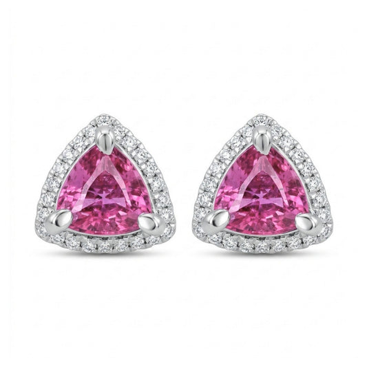 14K 1.66cttw Trilliant Pink Sapphire 0.19cttw VS White Diamonds Stud Earrings