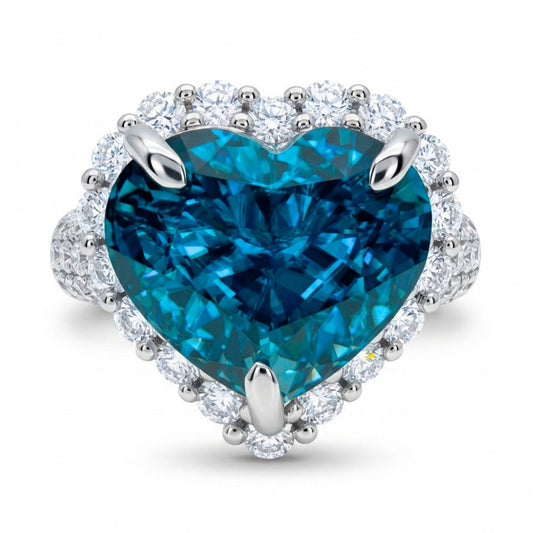 14K 11.65ct Heart Shape Blue Zircon 1.25cttw VS White Diamonds Ring