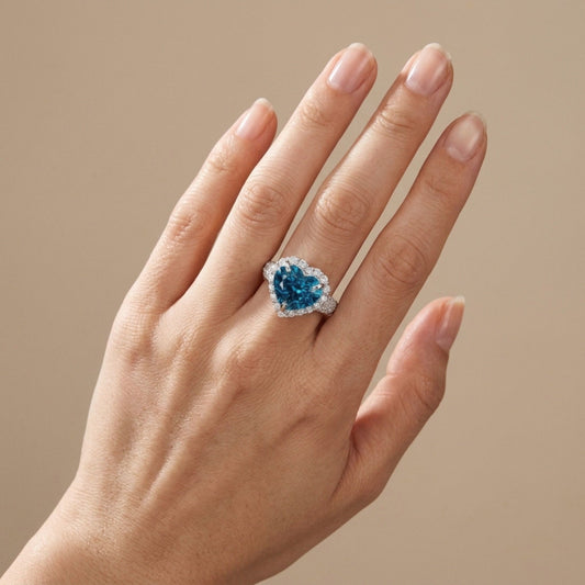 14K 11.65ct Heart Shape Blue Zircon 1.25cttw VS White Diamonds Ring