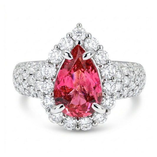14K 1.29ct Pear Shape Mahenge Pink Spinel 0.86cttw VS White Diamonds Ring