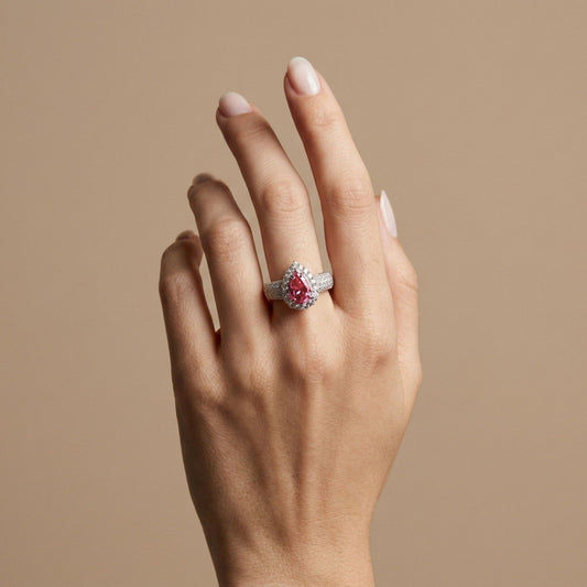 14K 1.29ct Pear Shape Mahenge Pink Spinel 0.86cttw VS White Diamonds Ring