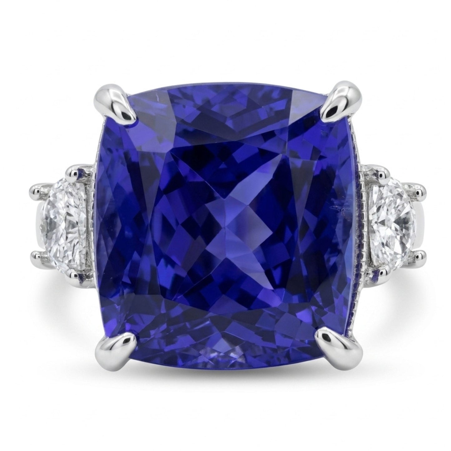 14K 8.19ct Cushion Blue Wing Tanzanite 0.31cttw VS White Diamonds Ring