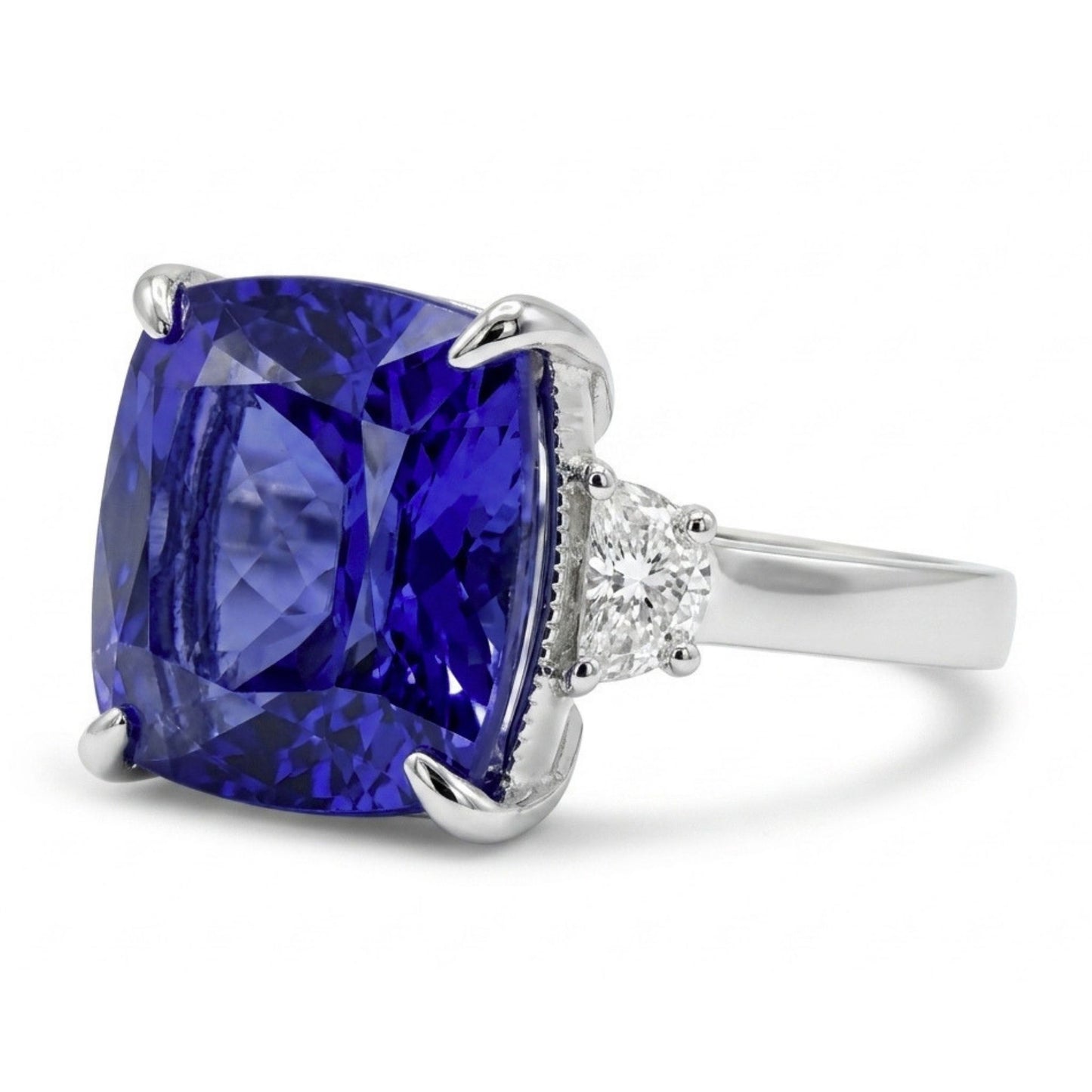 14K 8.19ct Cushion Blue Wing Tanzanite 0.31cttw VS White Diamonds Ring