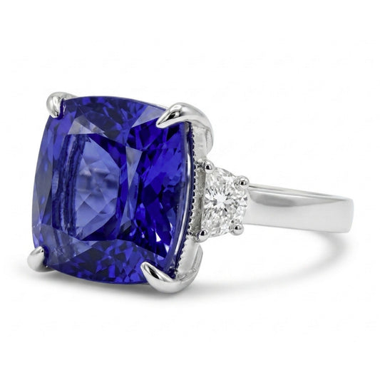 14K 8.19ct Cushion Blue Wing Tanzanite 0.31cttw VS White Diamonds Ring