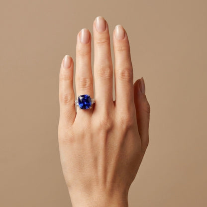 14K 8.19ct Cushion Blue Wing Tanzanite 0.31cttw VS White Diamonds Ring