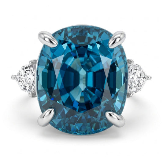 14K 15.37ct Oval Private Collection Blue Zircon 0.29cttw Fancy Cut VS White Diamond Ring