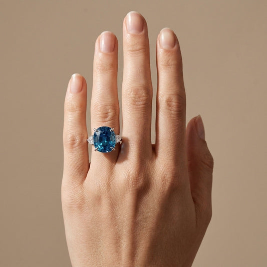 14K 15.37ct Oval Private Collection Blue Zircon 0.29cttw Fancy Cut VS White Diamond Ring