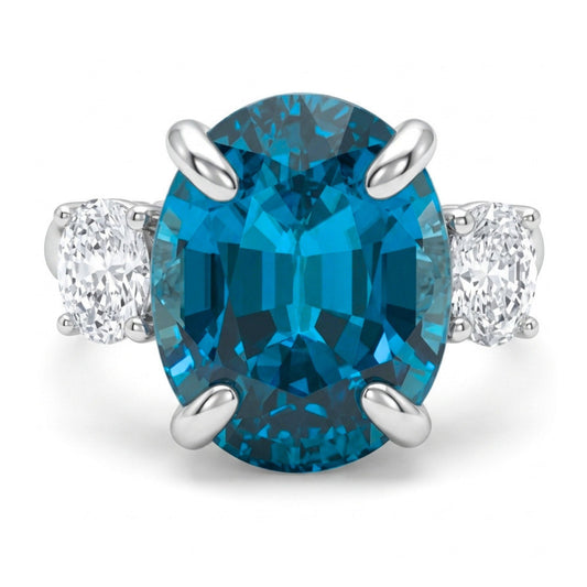 14K 11.49ct Oval Private Collection Blue Zircon 0.55cttw Oval White Diamonds Ring