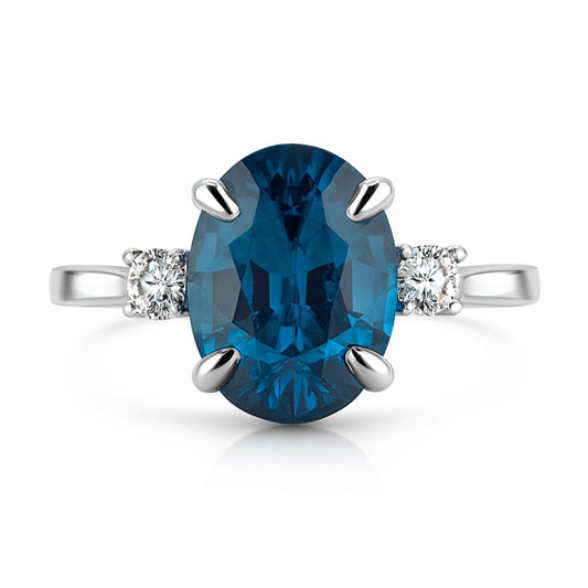 14K 4.85ct Oval Blue Zircon 0.15cttw VS White Diamonds Ring