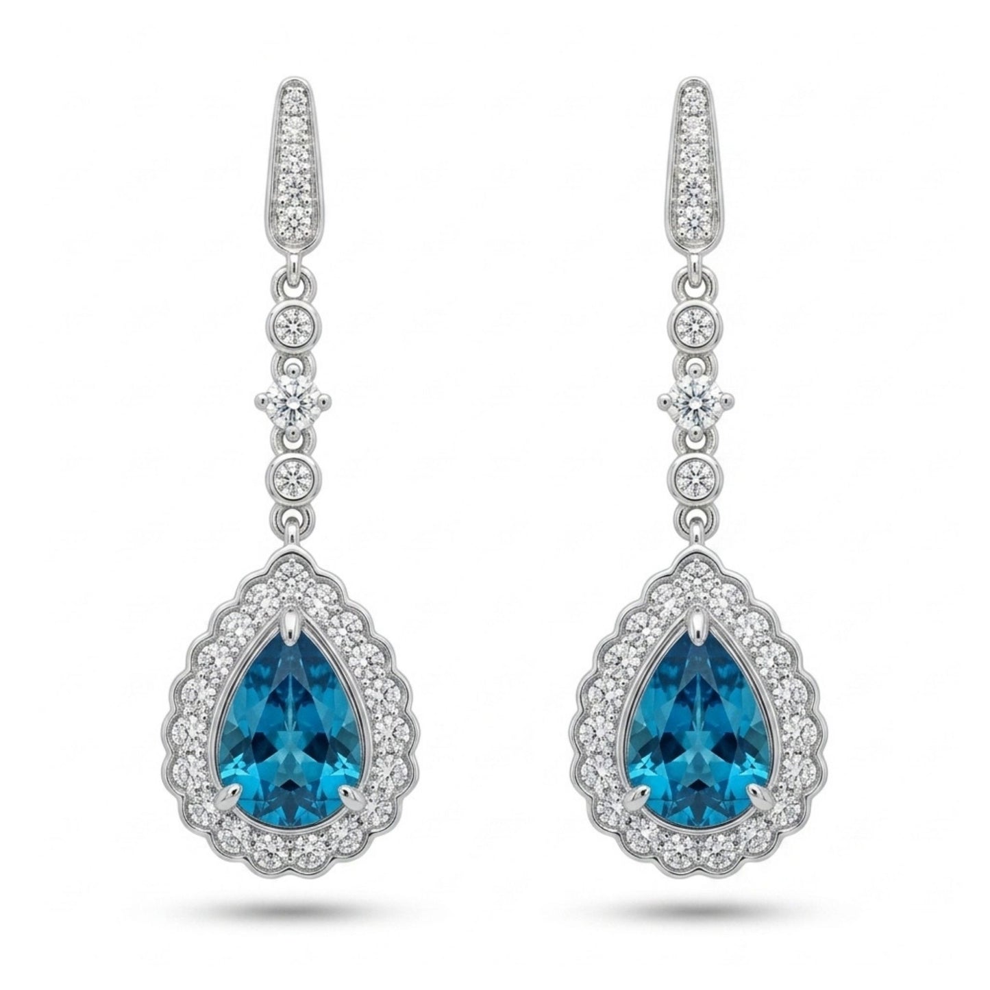 14K 3.29cttw Pear Shape Blue Zircon 0.89cttw White Diamonds Drop Earrings