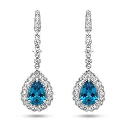 14K 3.29cttw Pear Shape Blue Zircon 0.89cttw White Diamonds Drop Earrings