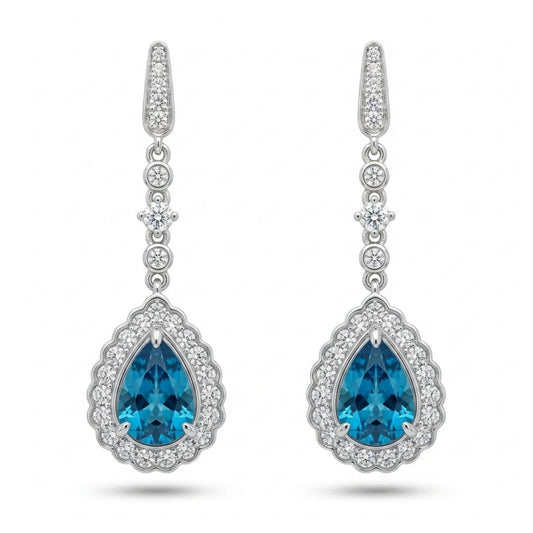 14K 3.29cttw Pear Shape Blue Zircon 0.89cttw White Diamonds Drop Earrings
