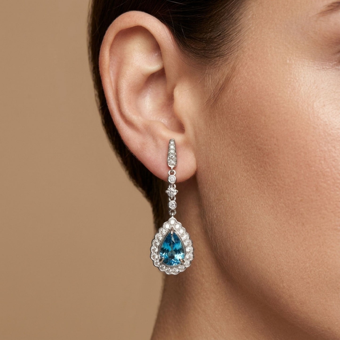 14K 3.29cttw Pear Shape Blue Zircon 0.89cttw White Diamonds Drop Earrings