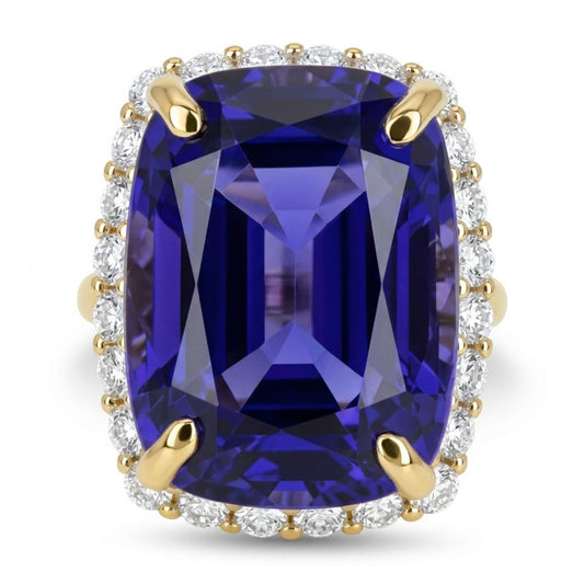 14K 12.88ct Cushion Blue Wing Tanzanite 0.97cttw VS White Diamonds Ring