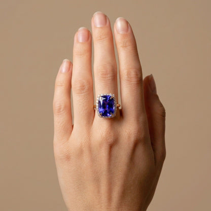 14K 12.88ct Cushion Blue Wing Tanzanite 0.97cttw VS White Diamonds Ring