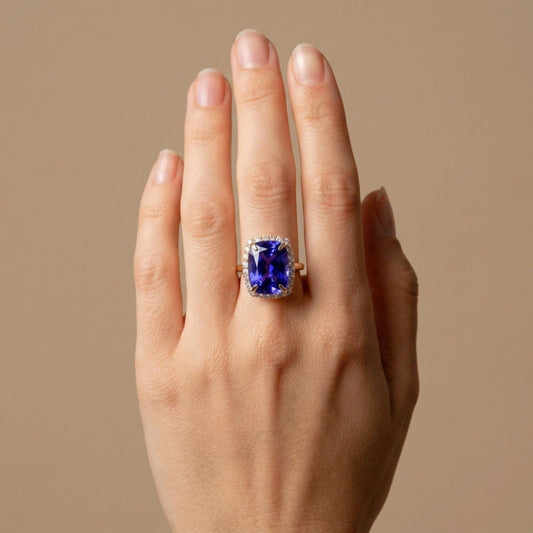 14K 12.88ct Cushion Blue Wing Tanzanite 0.97cttw VS White Diamonds Ring