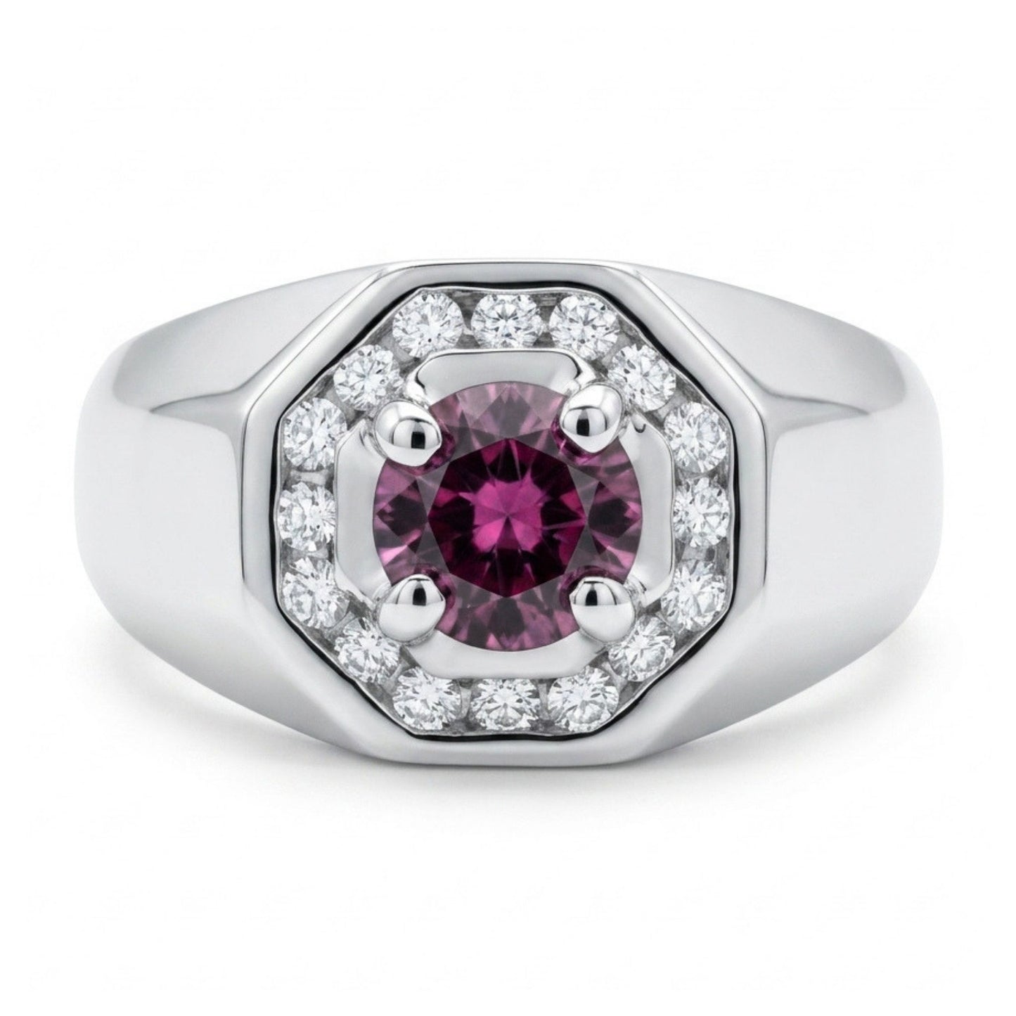 14K 1.04ct Round Malaya Garnet 0.33cttw White Diamonds Men's Ring