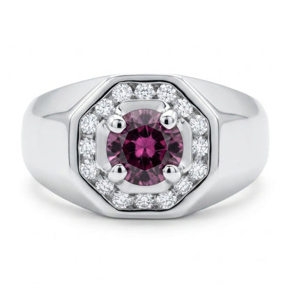 14K 1.04ct Round Malaya Garnet 0.33cttw White Diamonds Men's Ring