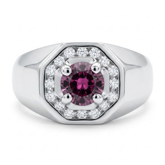 14K 1.04ct Round Malaya Garnet 0.33cttw White Diamonds Men's Ring