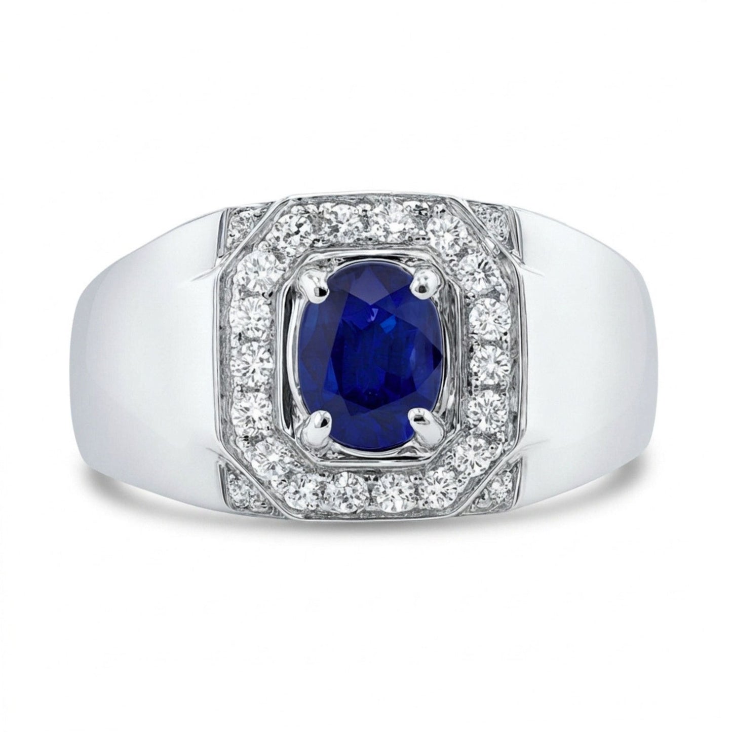 14K 1.10ct Oval Blue Sapphire 0.40cttw White Diamonds Men's Ring