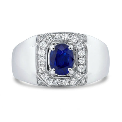 14K 1.10ct Oval Blue Sapphire 0.40cttw White Diamonds Men's Ring