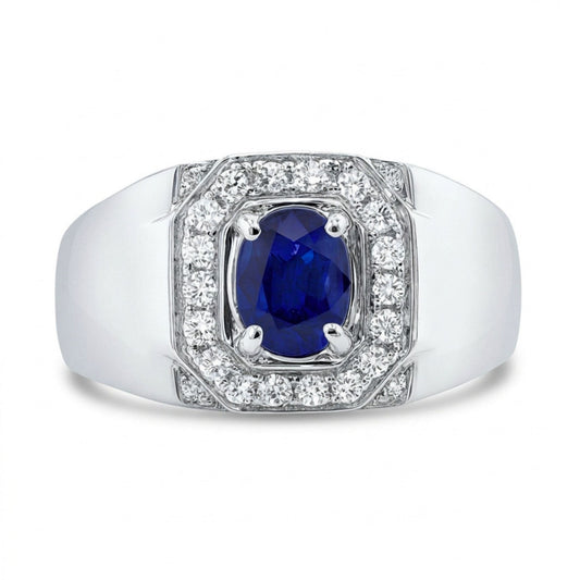14K 1.10ct Oval Blue Sapphire 0.40cttw White Diamonds Men's Ring