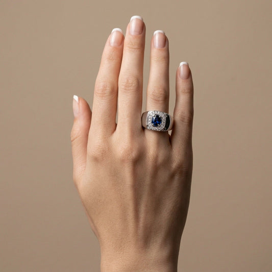 14K 1.10ct Oval Blue Sapphire 0.40cttw White Diamonds Men's Ring