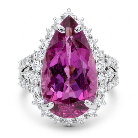 14K 6.80ct Pear Shape Copper Bearing Tourmaline 1.29cttw VS White Diamonds Ring