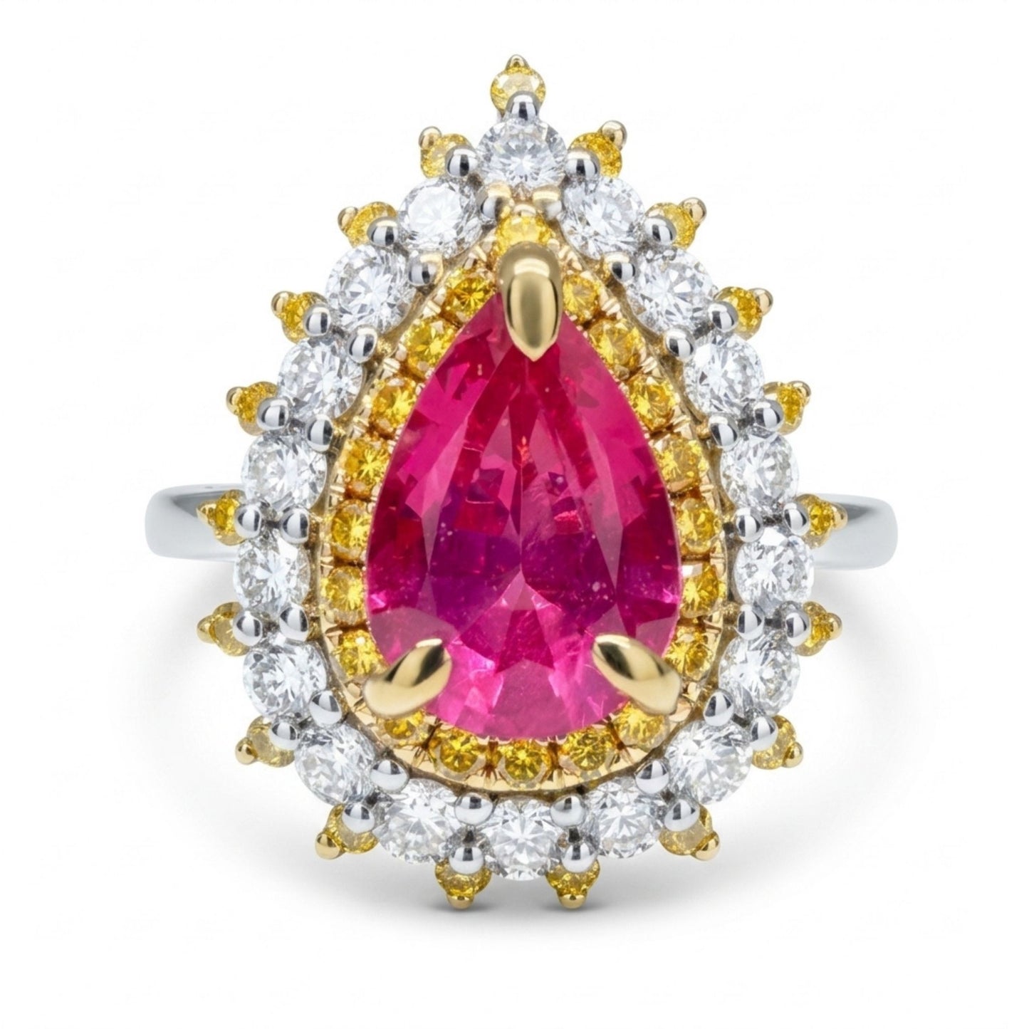 14K 1.33ct Pear Shape Mahenge Pink Spinel 0.96cttw Yellow & White Diamonds Ring