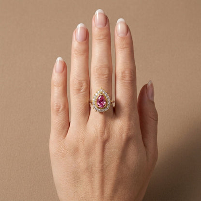 14K 1.33ct Pear Shape Mahenge Pink Spinel 0.96cttw Yellow & White Diamonds Ring