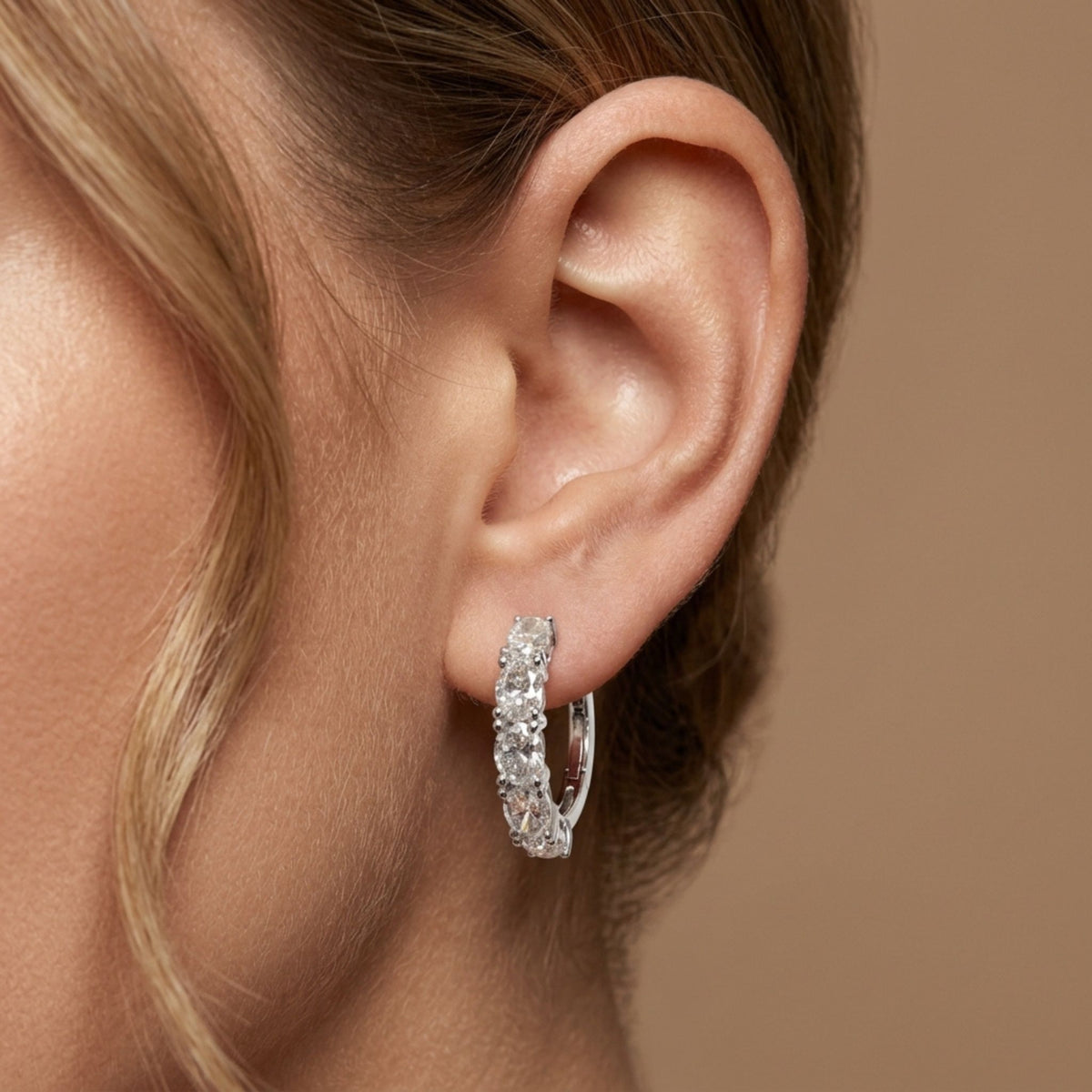 14K gold 3.00cttw oval VS white diamond hoop earrings