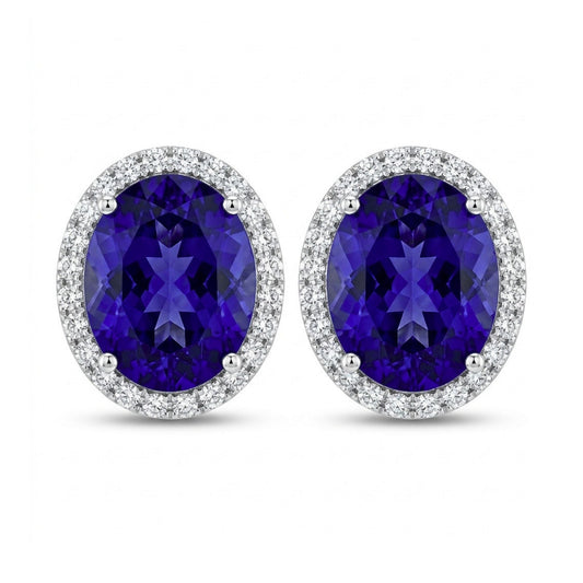 14K 16.60cttw Oval Blue Wing Tanzanite 1.00cttw VS White Diamonds Stud Earrings