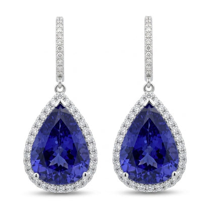 14K 15.06cttw Pear Shape Blue Wing Tanzanite 1.00cttw VS White Diamonds Drop Earrings