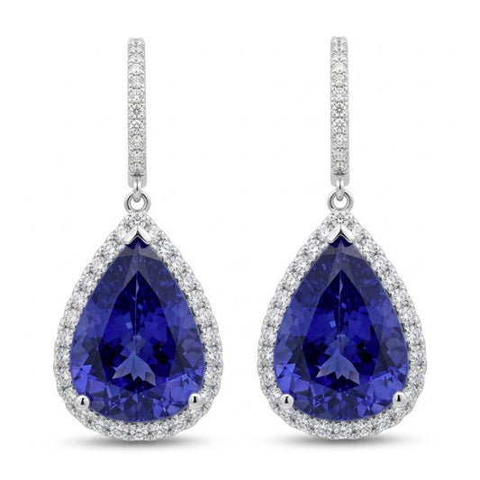 14K 15.06cttw Pear Shape Blue Wing Tanzanite 1.00cttw VS White Diamonds Drop Earrings