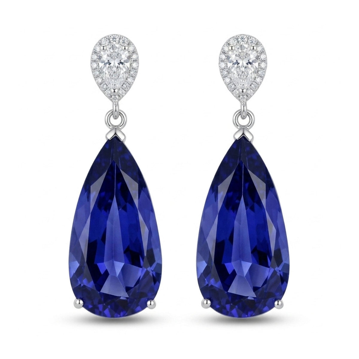 14K gold pear shape blue wing tanzanite earrings with white diamonds