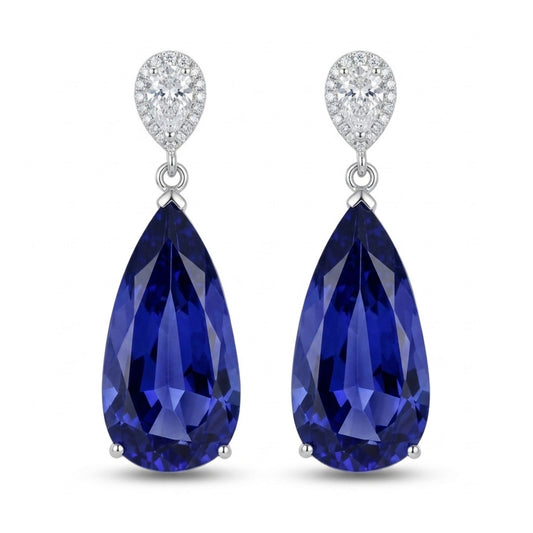 14K 24.15cttw Pear Shape Blue Wing Tanzanite 0.99cttw White Diamonds Earrings